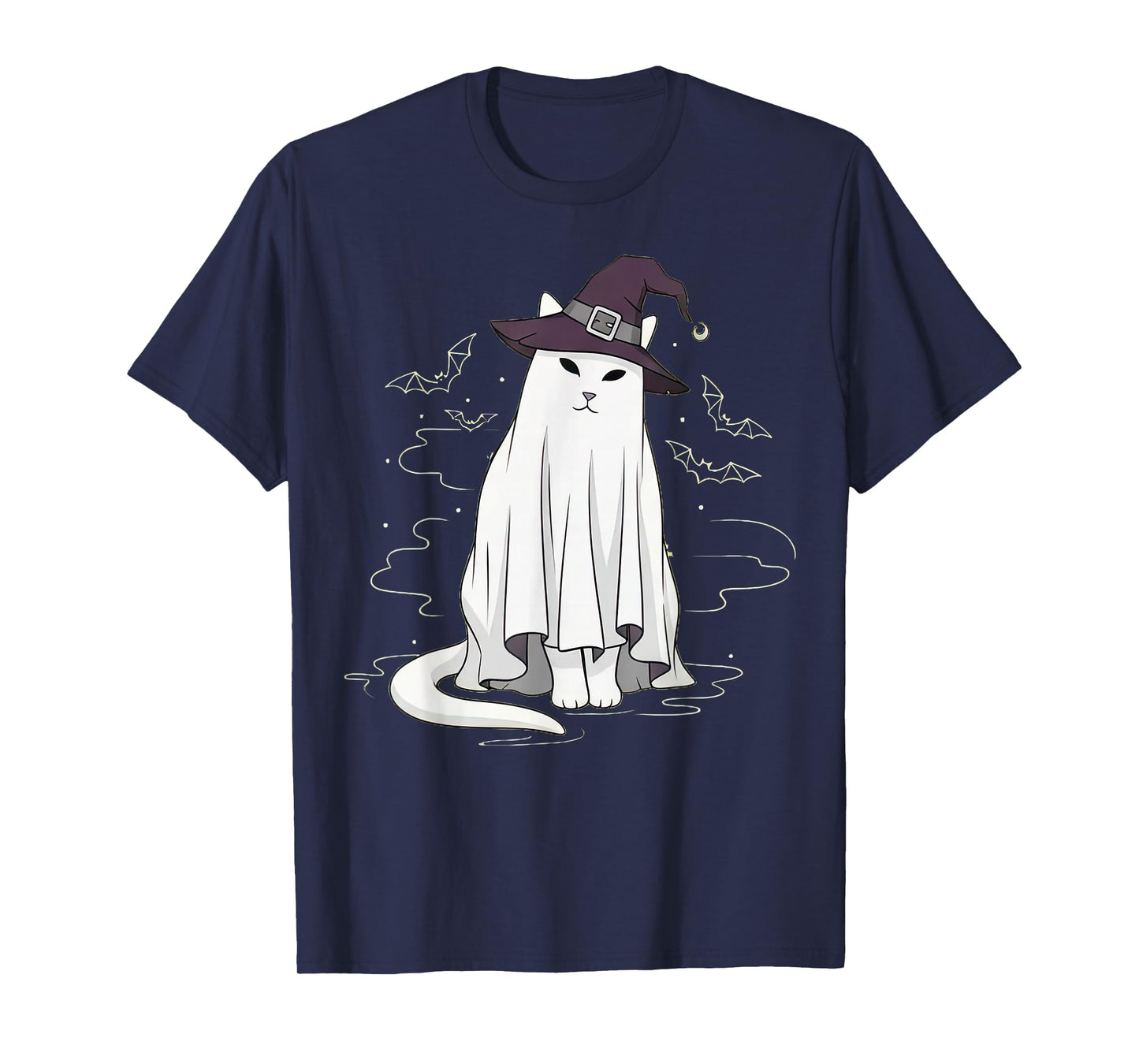Cat Ghost White Sheet in Purple Witch Hat for Halloween T-Shirt