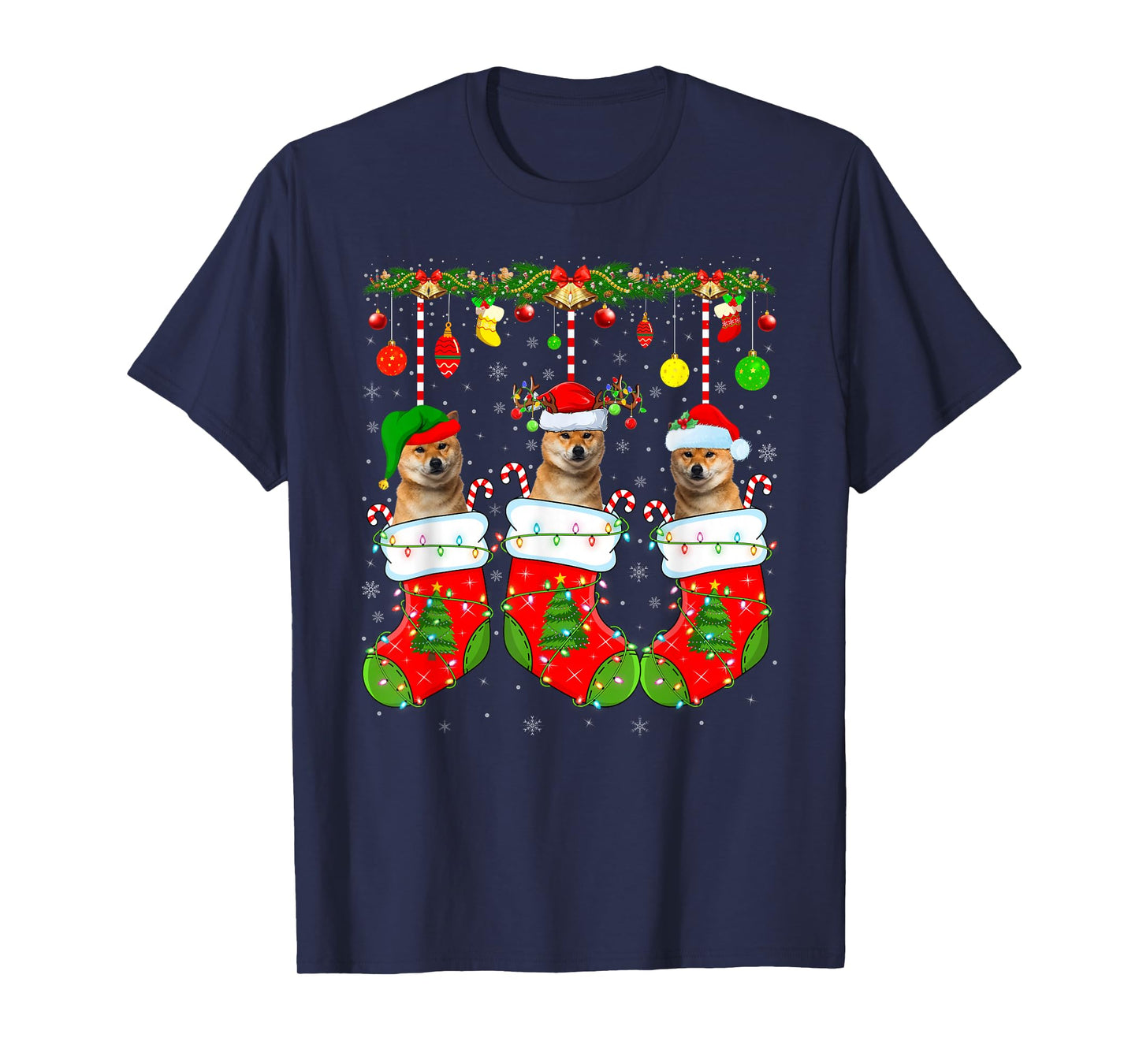 Shiba Inu Dog in Christmas Socks Funny Dog Xmas Pajamas T-Shirt