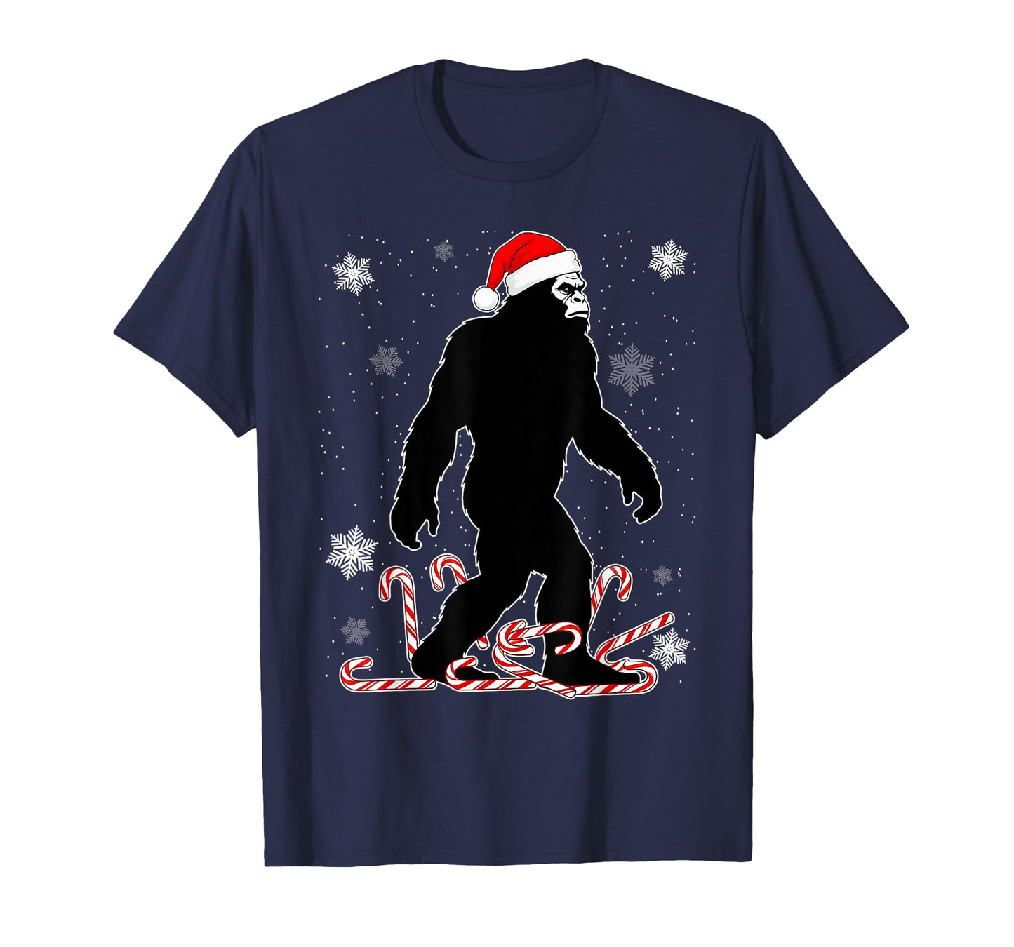 Funny Christmas Bigfoot with Santa Hat Carrying Candy Canes T-Shirt