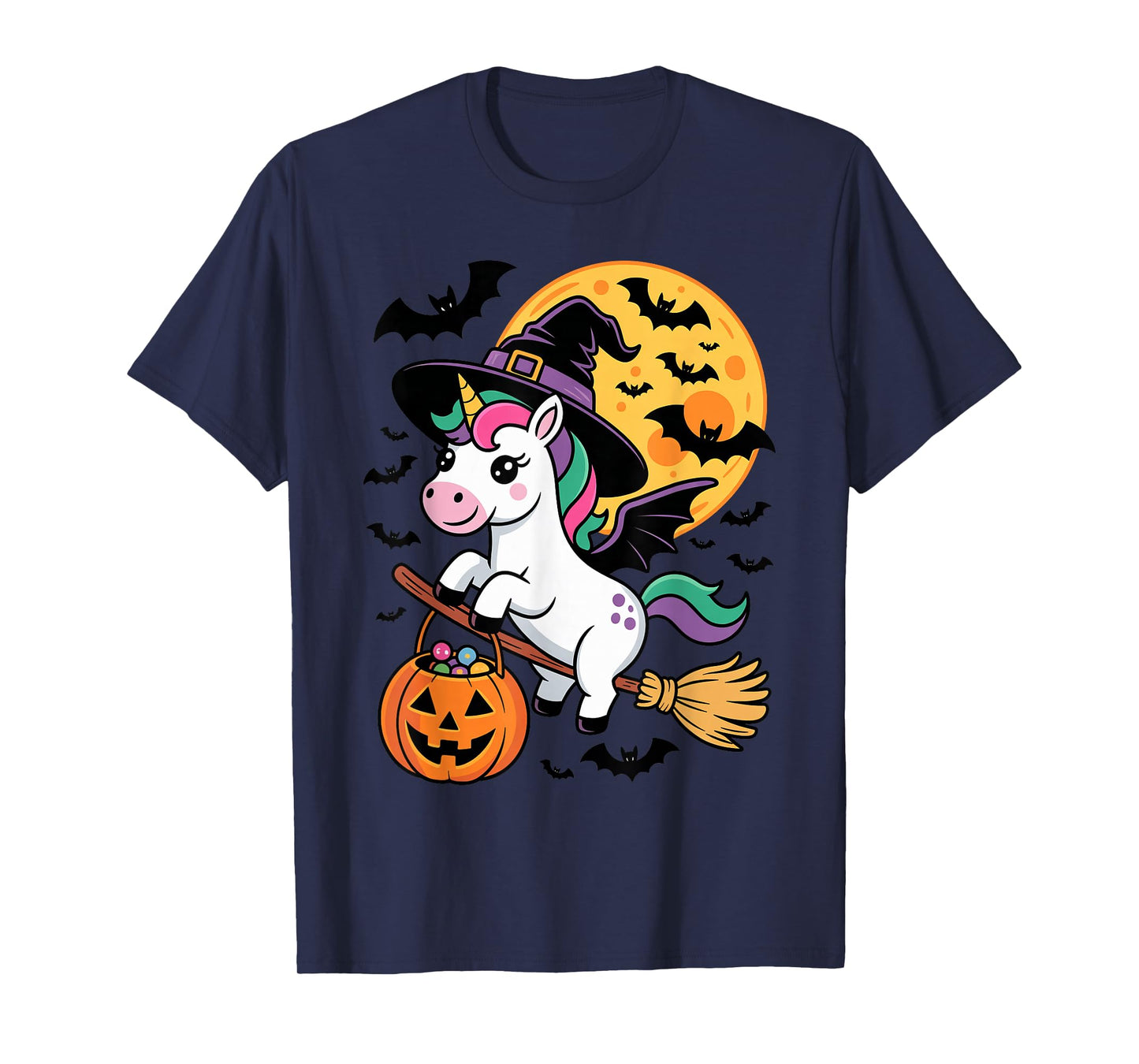 Kawaii Unicorn in Witch Hat on a Broom Halloween Costume T-Shirt