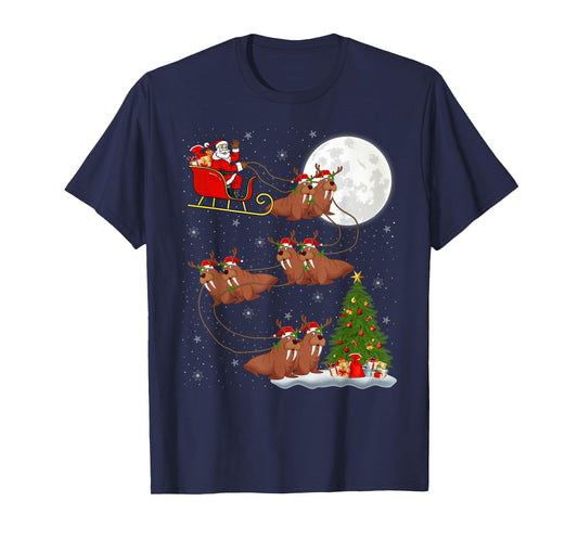 Walrus Santa Sleigh Flying Funny Magical Christmas T-Shirt