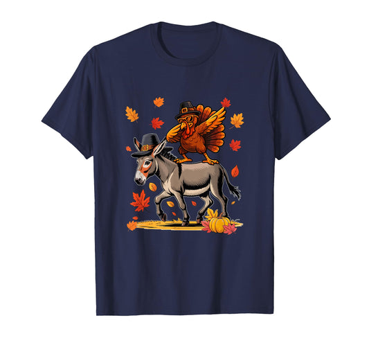 Dabbing Turkey On Donkey Thanksgiving Autumn Pilgrim Farmer T-Shirt