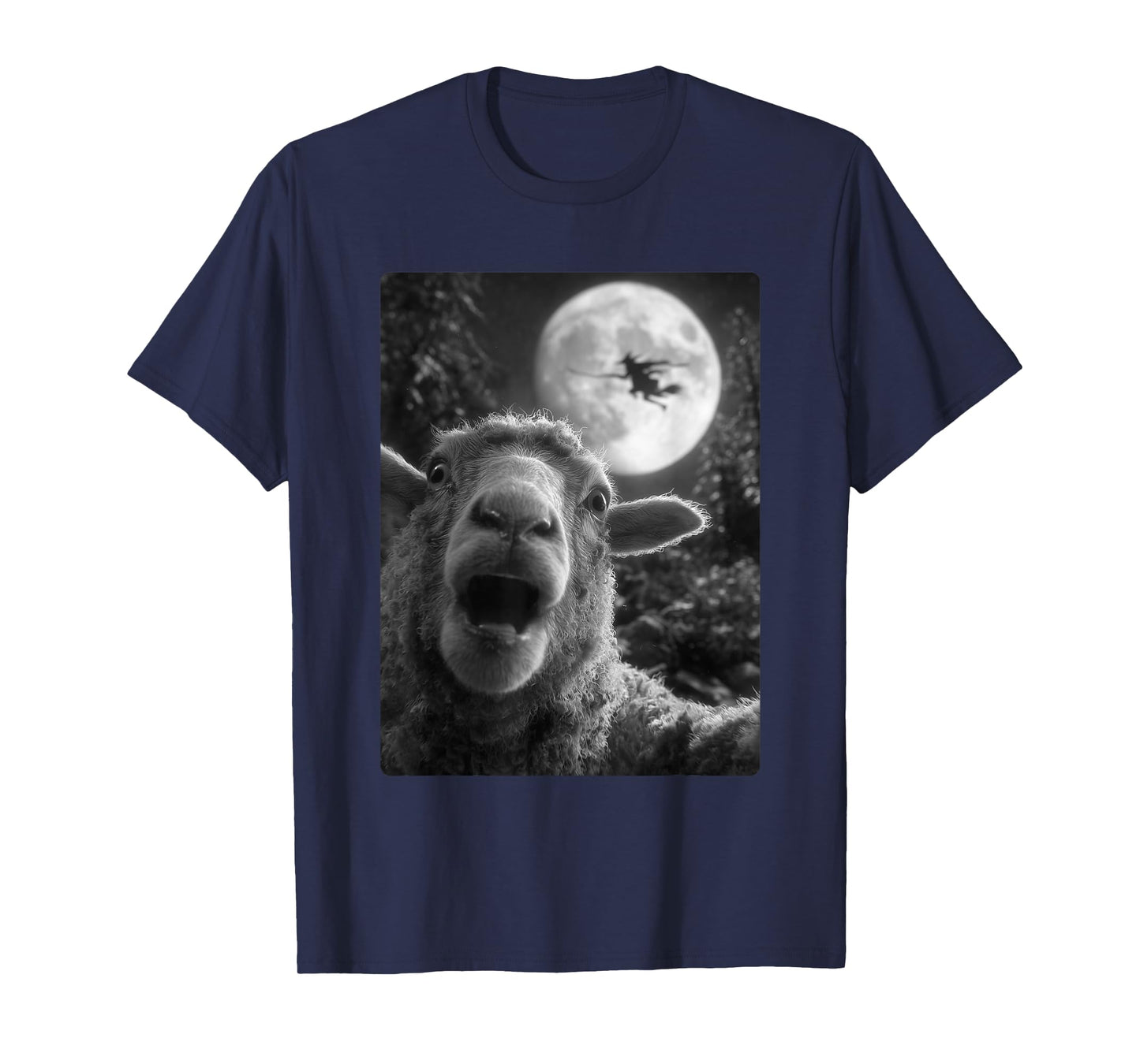 Funny Sheep Selfie Full Moon Flying Witch Forest Halloween T-Shirt
