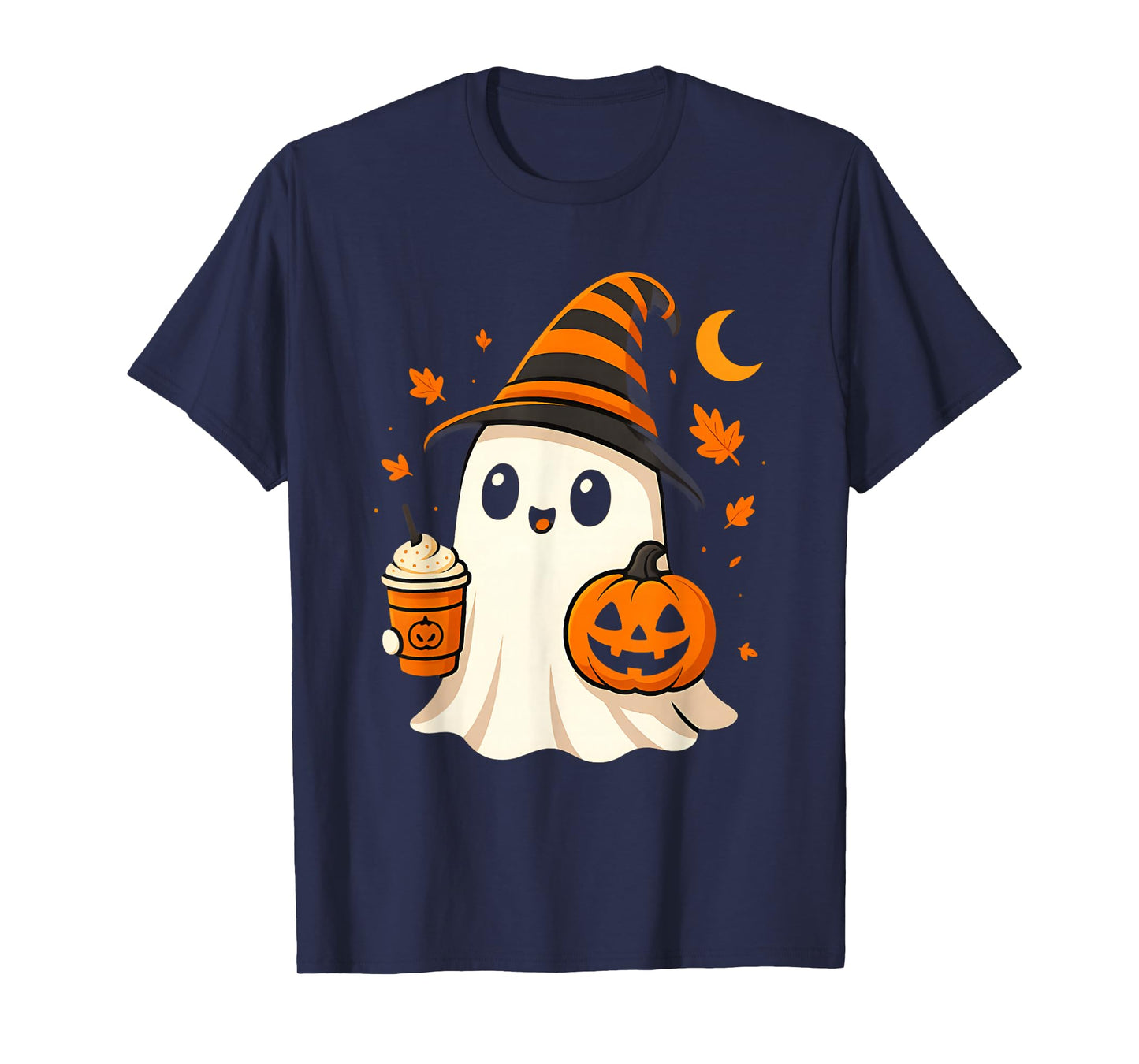 Cute Ghost Drinking ice Coffee Funny Halloween Pumpkin T-Shirt