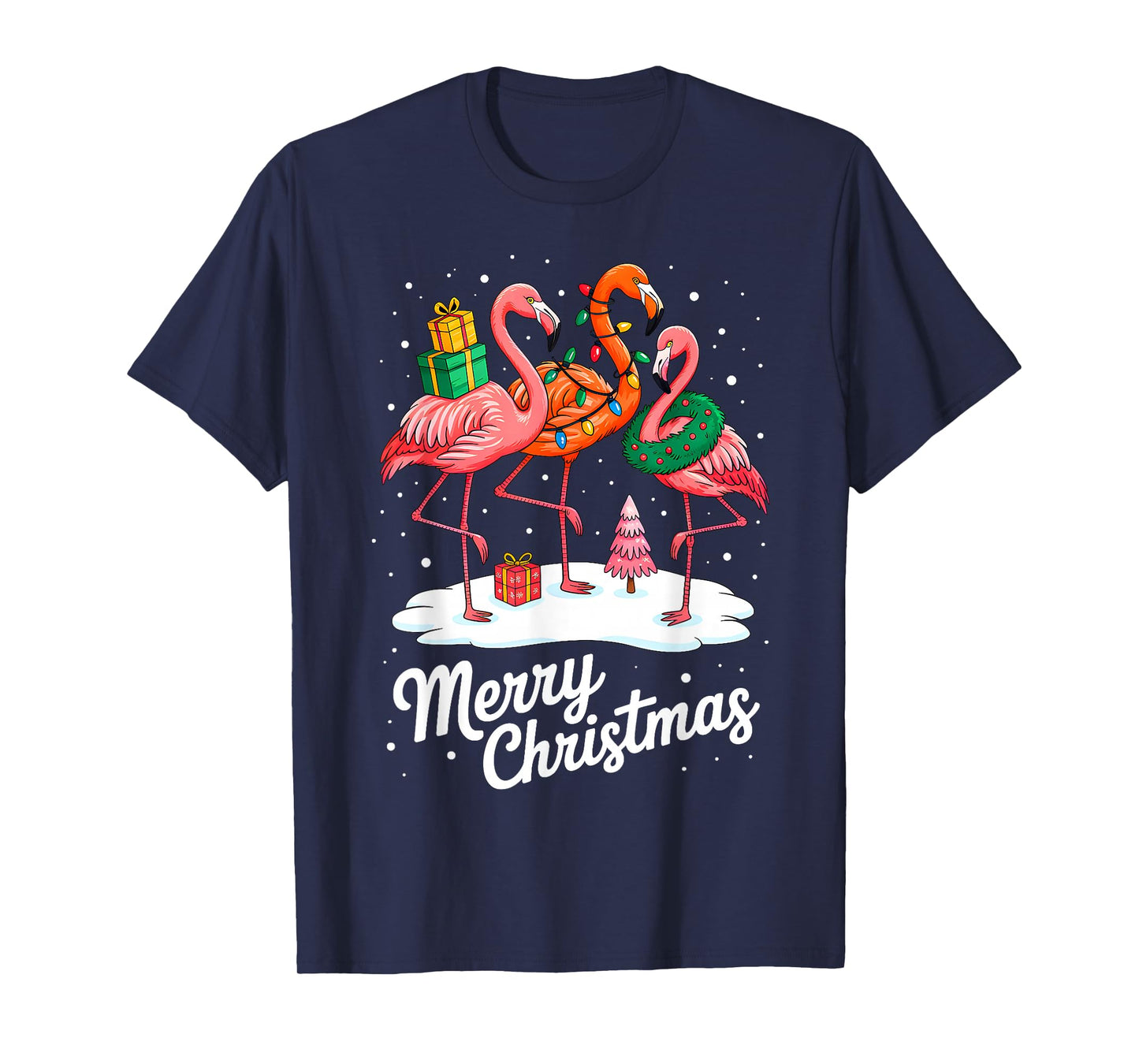 Merry Christmas Hat Santa Flamingo Light Christmas in July T-Shirt