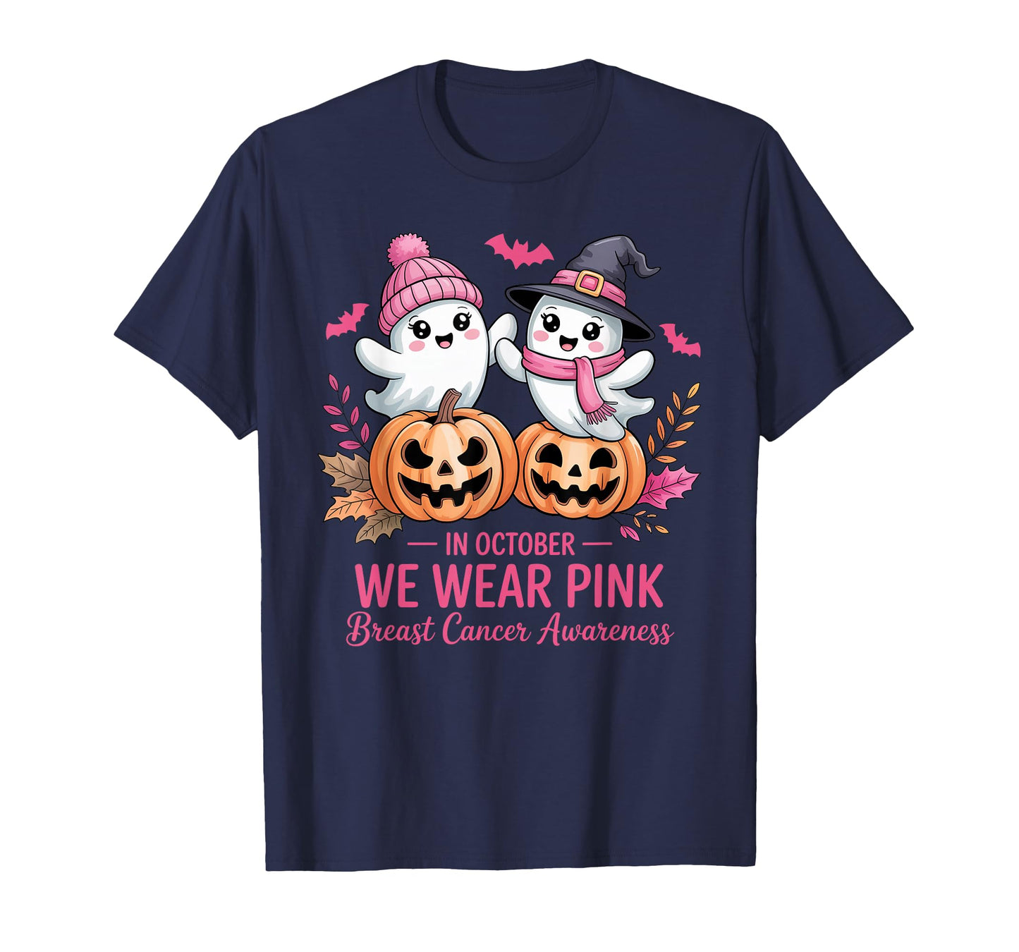 in October We Wear Pink Ghost Witch Breast Cancer Awareness T-Shirt
