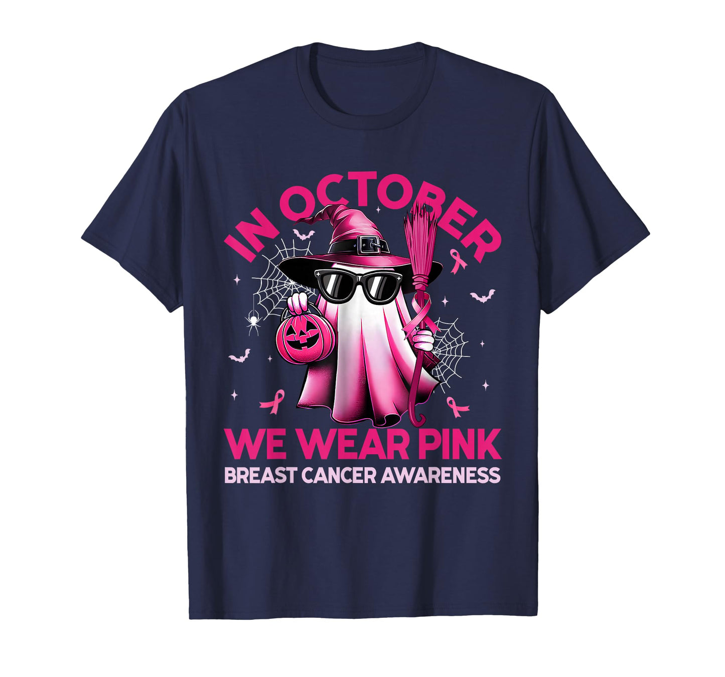 in October We Wear Pink Ghost Witch Breast Cancer Awareness T-Shirt