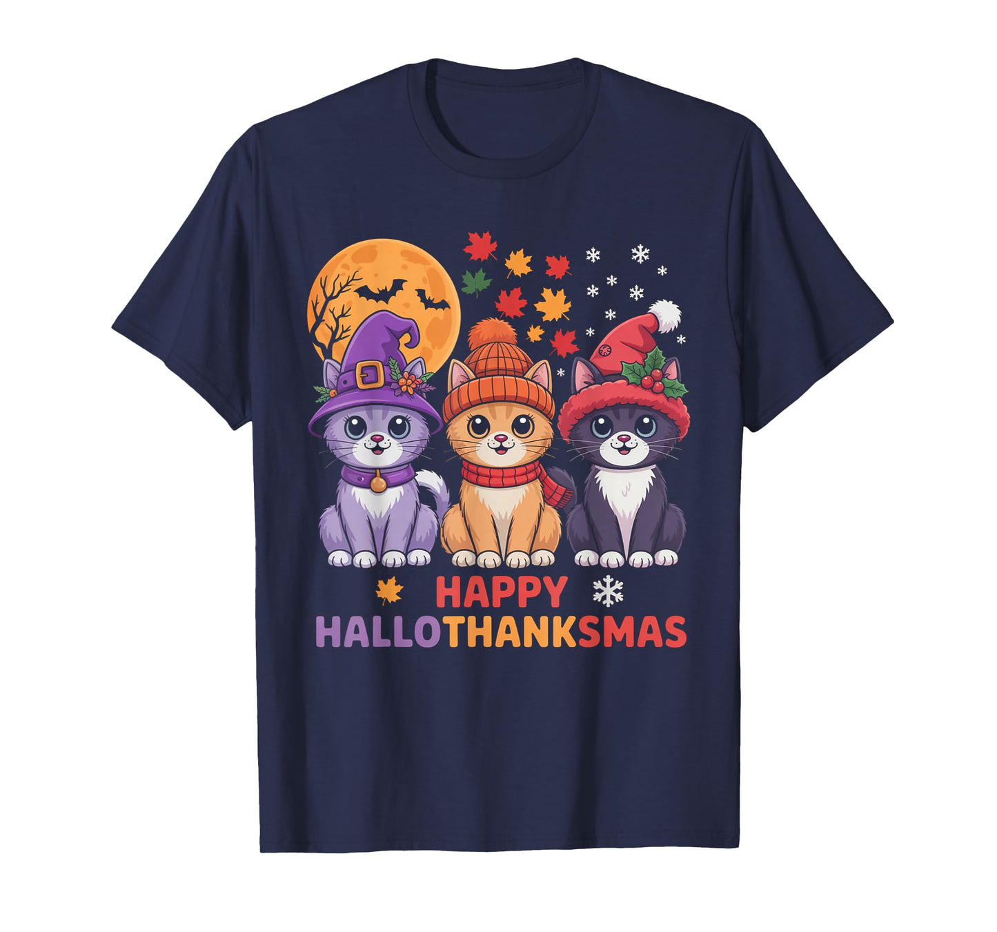 Halloween Thanksgiving Christmas Happy HalloThanksMas Cats T-Shirt
