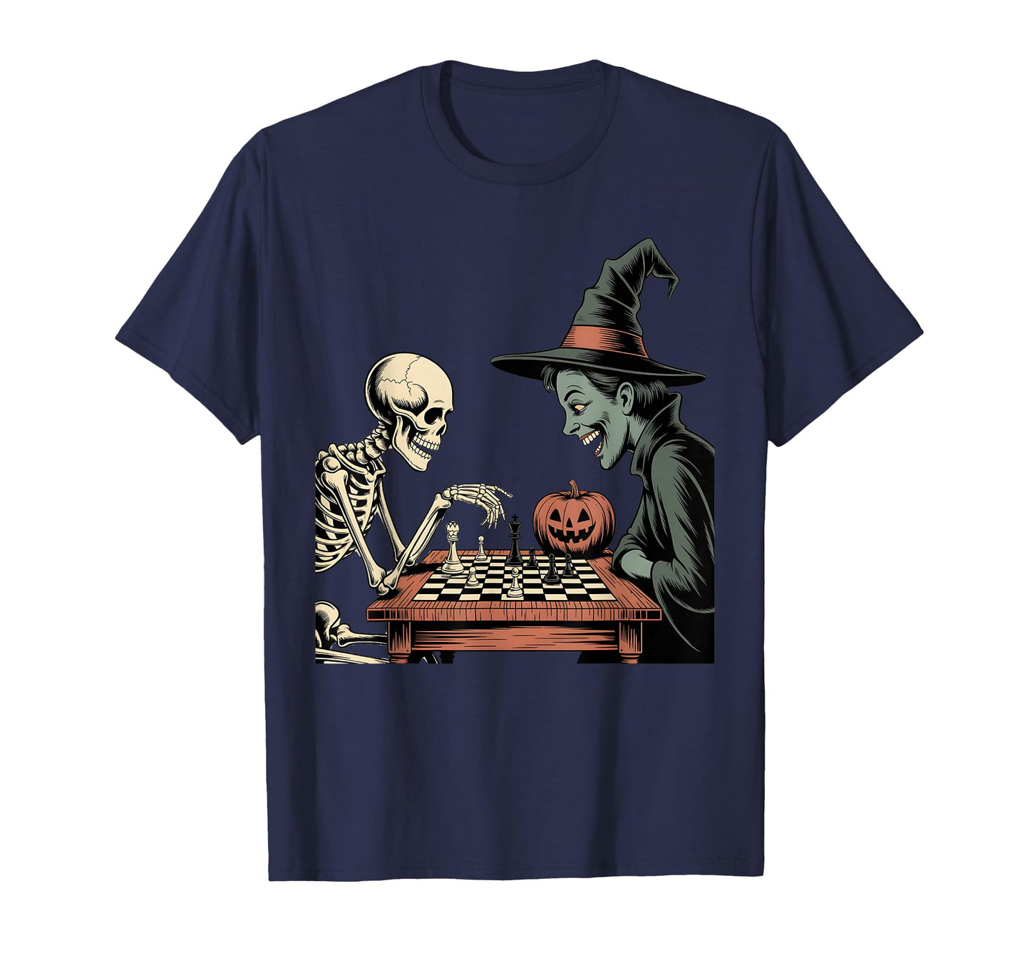 Funny Vintage Skeleton Playing Chess with Witch T-Shirt