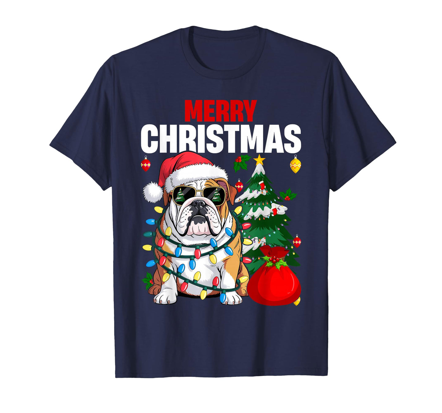 English Bulldog Santa Hat Christmas Pajama Dog X-Mas Tree T-Shirt