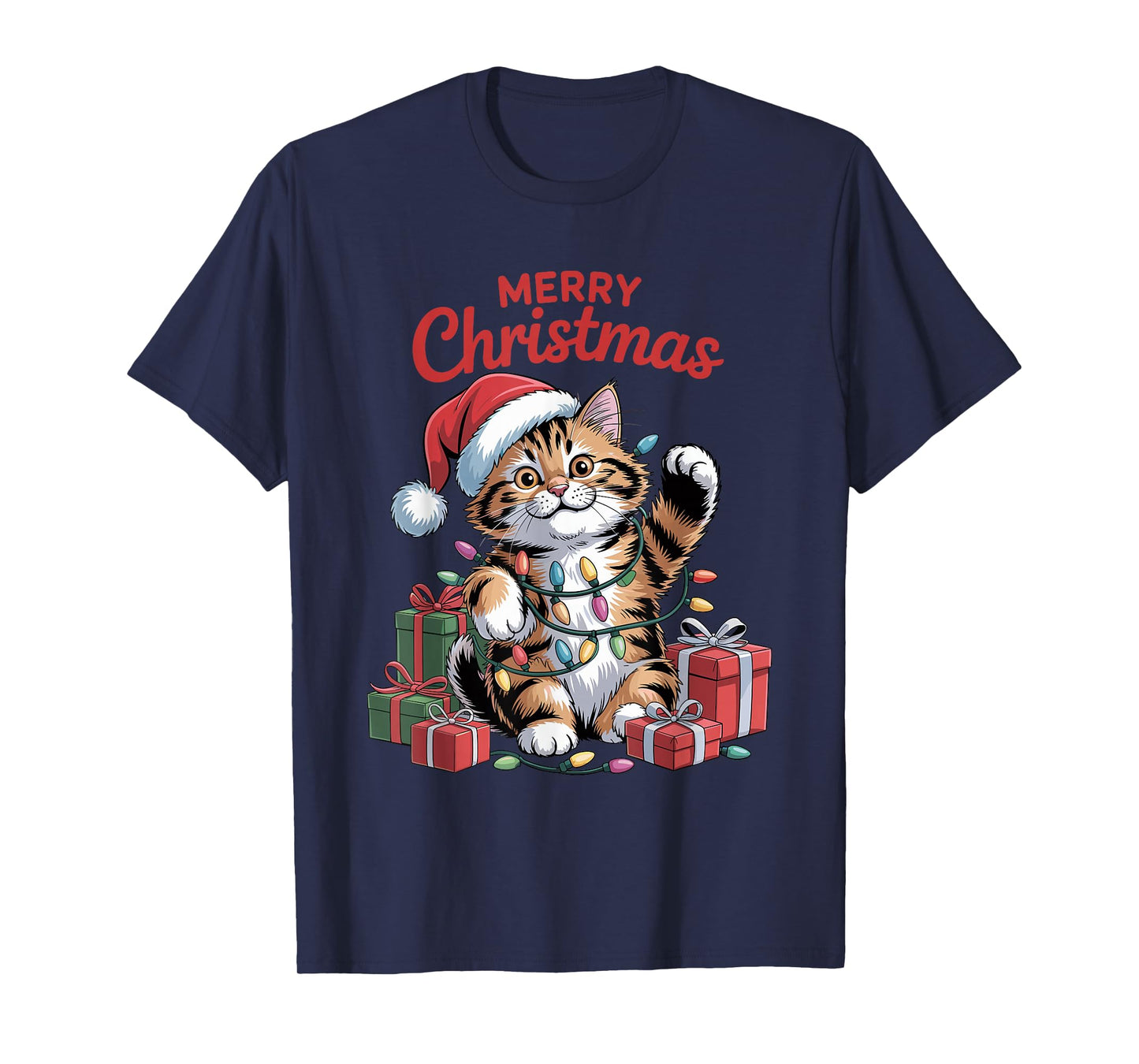 Cat Santa Hat Christmas Design Funny Pet Lovers Holiday T-Shirt