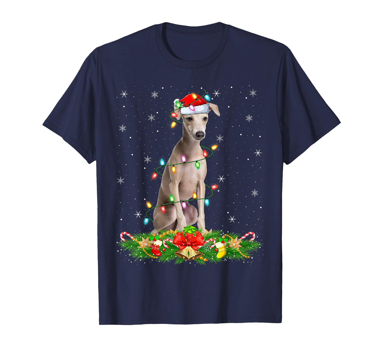Italian Greyhound Dog Christmas Lights Funny Santa Hat Xmas T-Shirt