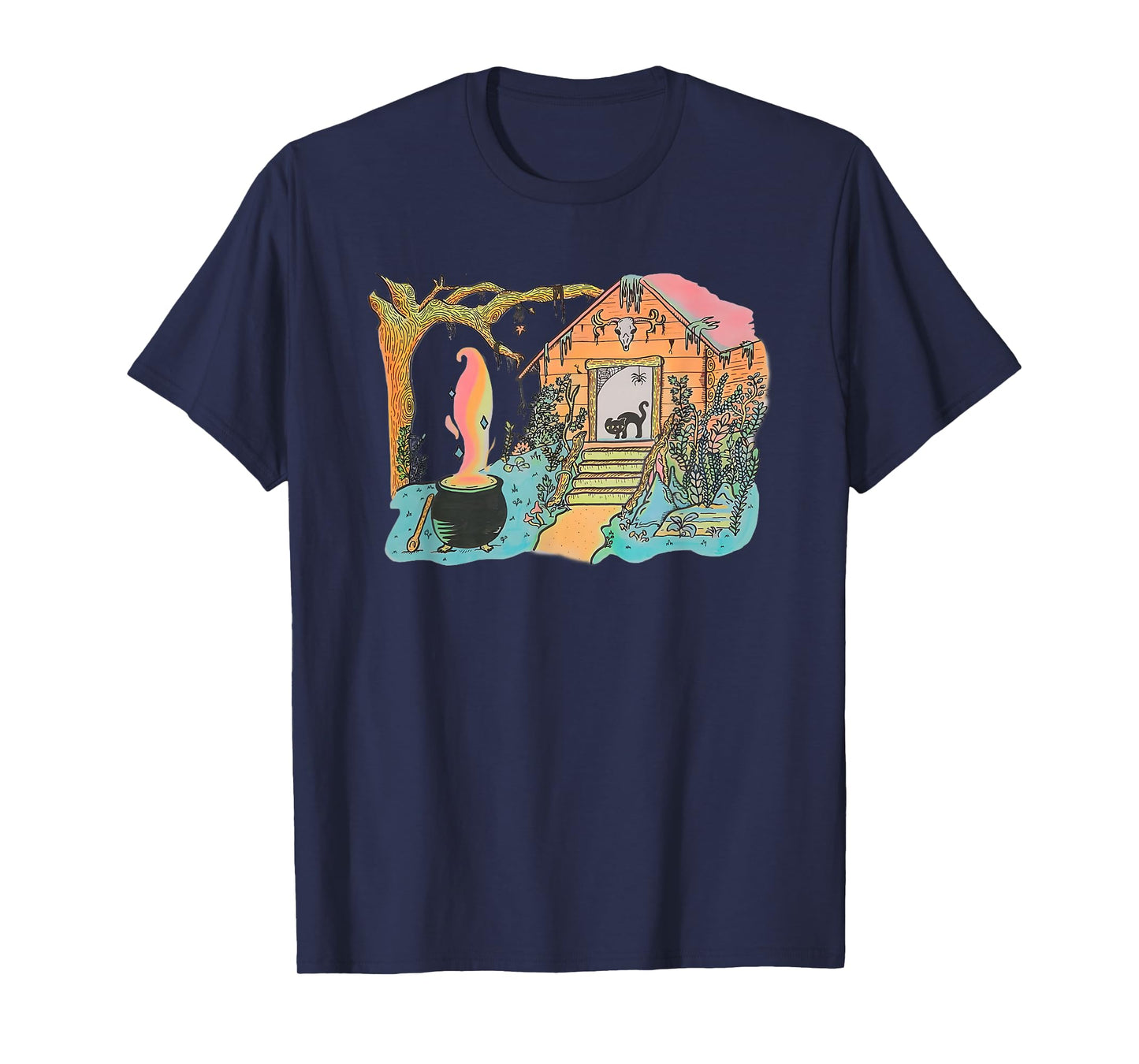 Haunted Witch Cabin with Black Cat and Cauldron T-Shirt
