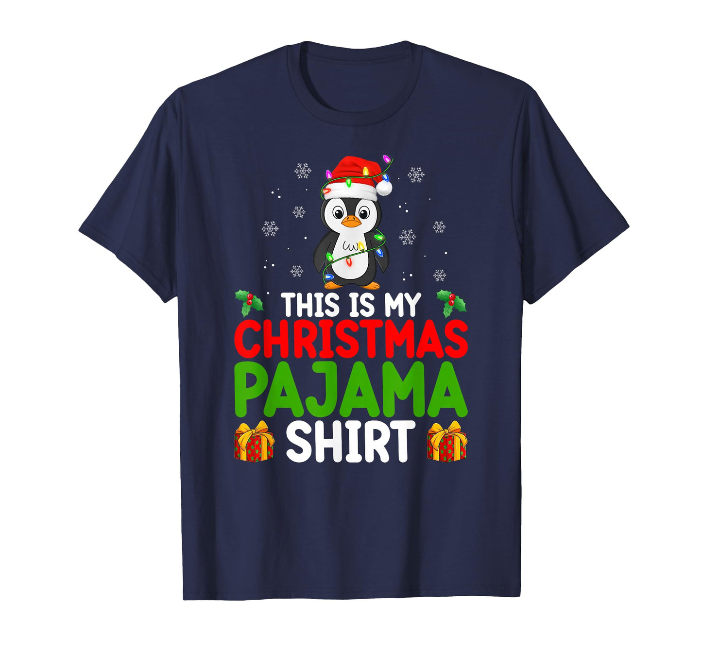 Cute Penguin Xmas Lights Santa This is My Christmas Pajamas T-Shirt