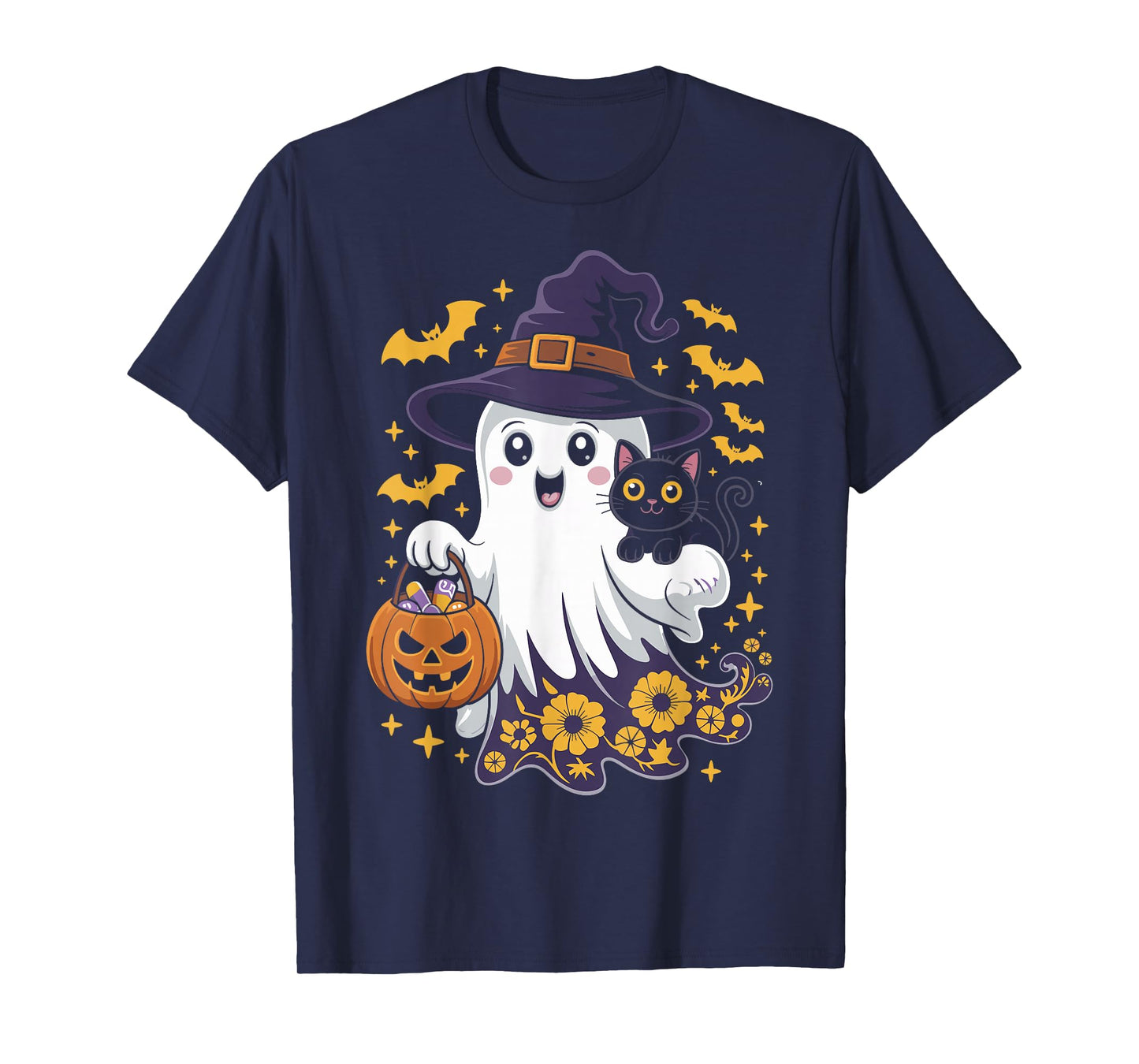Halloween Ghost Witch Holding Black Cat Funny Halloween T-Shirt