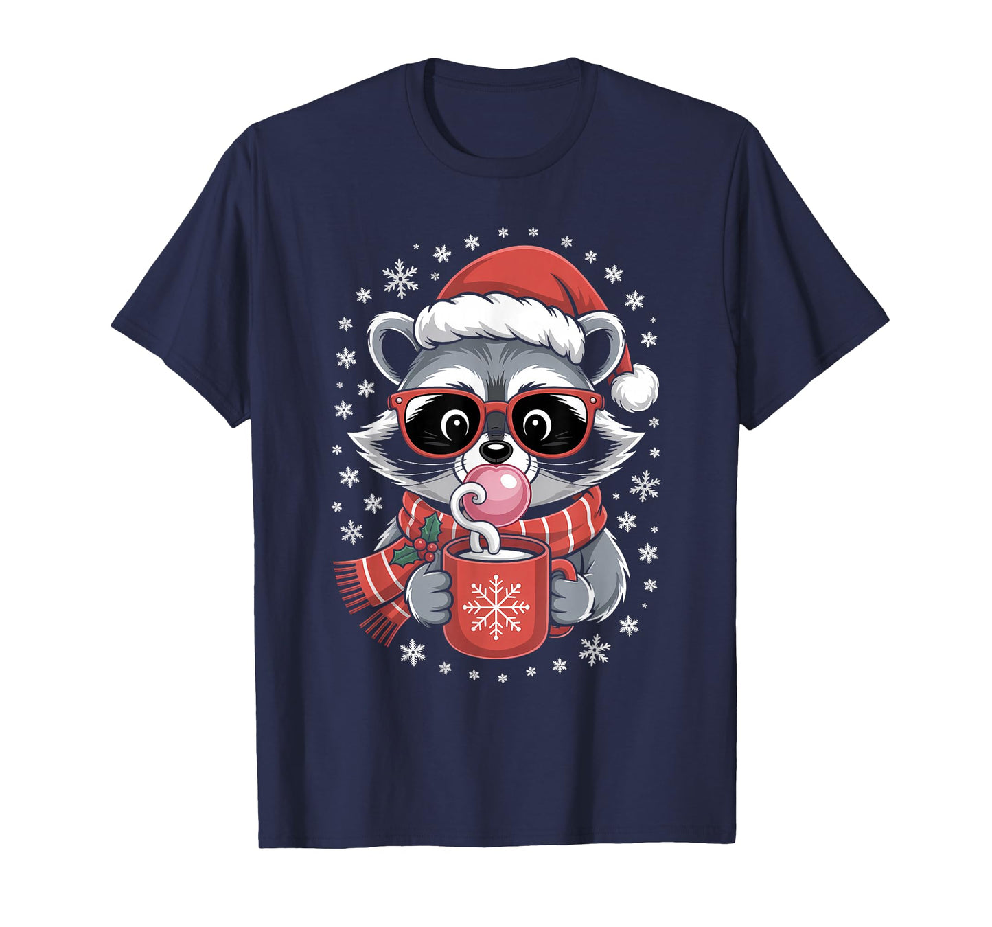 Funny Christmas Raccoon in Red Glasses Bubble Men Women Kids T-Shirt