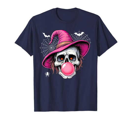Funny Skeleton with Witch Hat Bubble Gum Retro Halloween T-Shirt