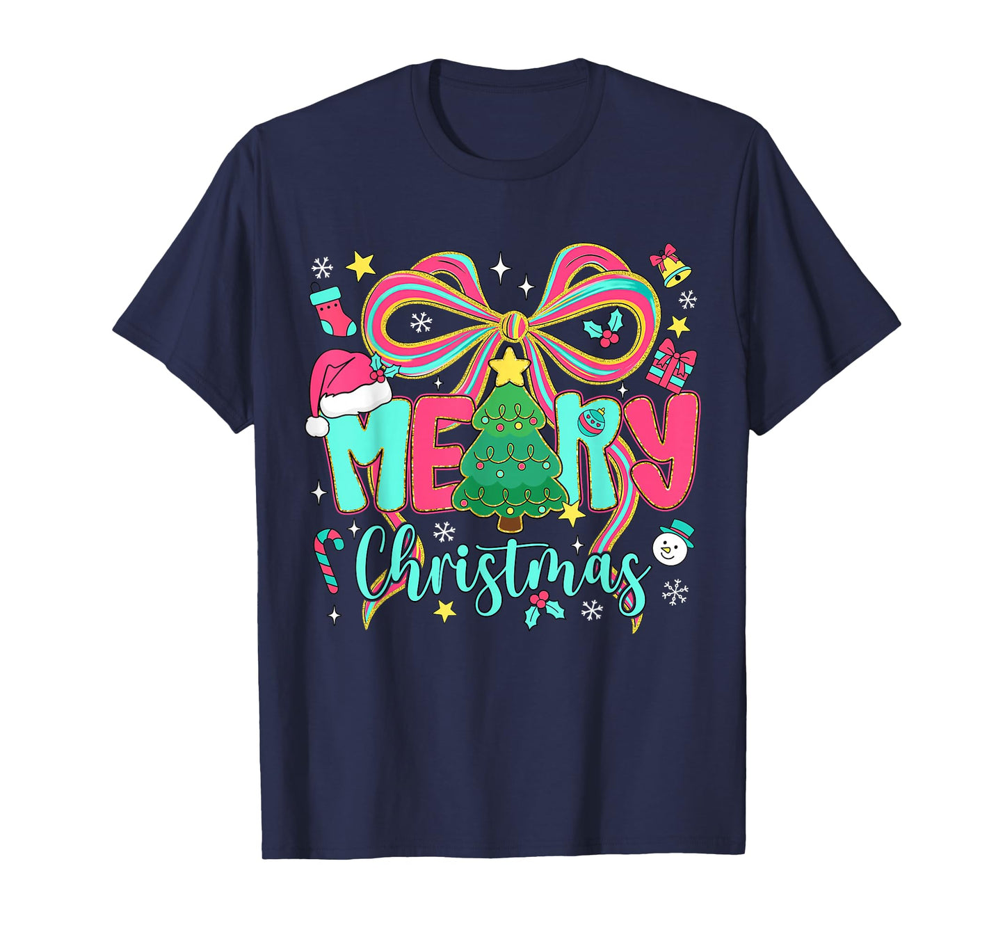 Preppy Merry Christmas Coquette Bow Pink Christmas Tree Girl T-Shirt