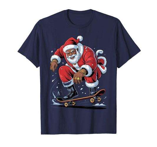 Santa Skateboarding African American Christmas Funny Holiday T-Shirt