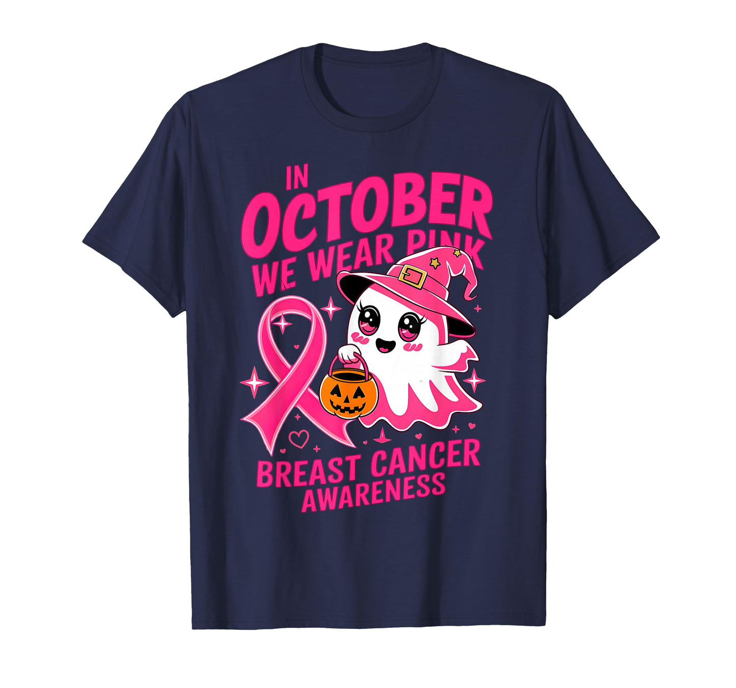 in October We Wear Pink Kawaii Ghost Breast Cancer Awareness T-Shirt