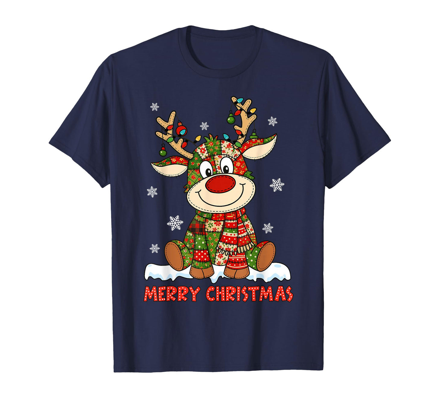 Merry Christmas Lighting Reindeer Patchwork Matching Family T-Shirt
