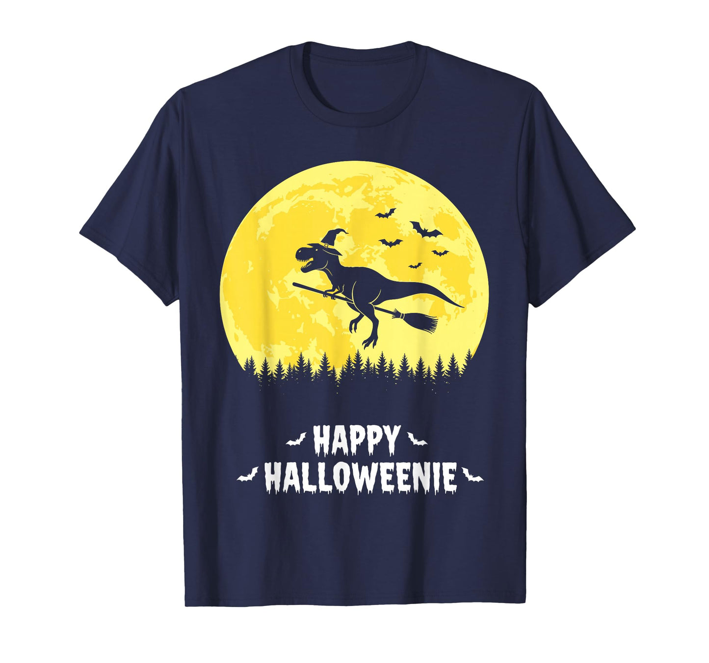 Happy Halloweenie Funny Dinosaur T Rex Flying Witch T-Shirt