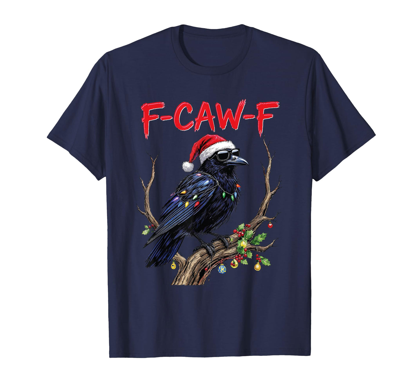 Black Crow F-Caw-F Funny Retro Christmas Lights Santa hat T-Shirt