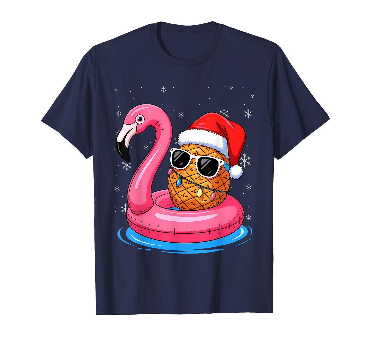 Hawaiian Christmas in July Flamingo Pineapple Santa Hat T-Shirt