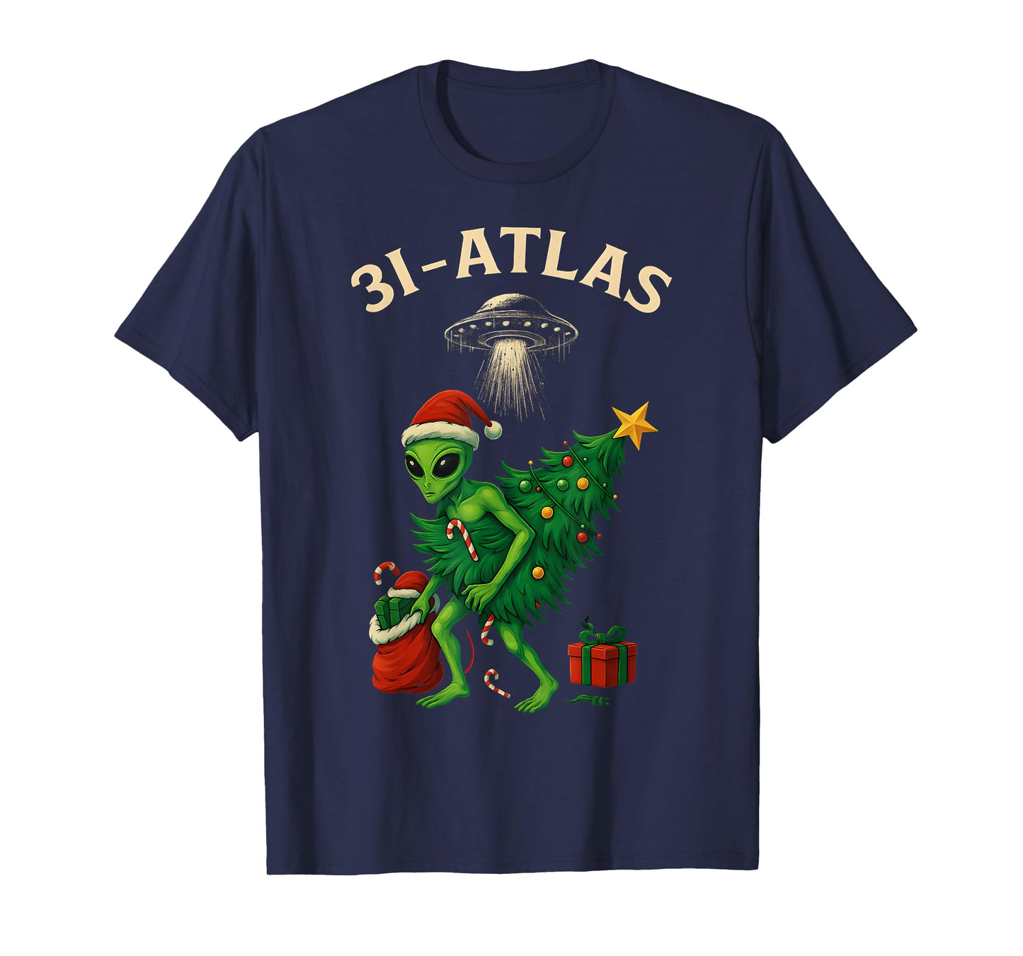 HUGvyn 3I Atlas Santa Hat Alien UFO Christmas Tree Lights T-Shirt