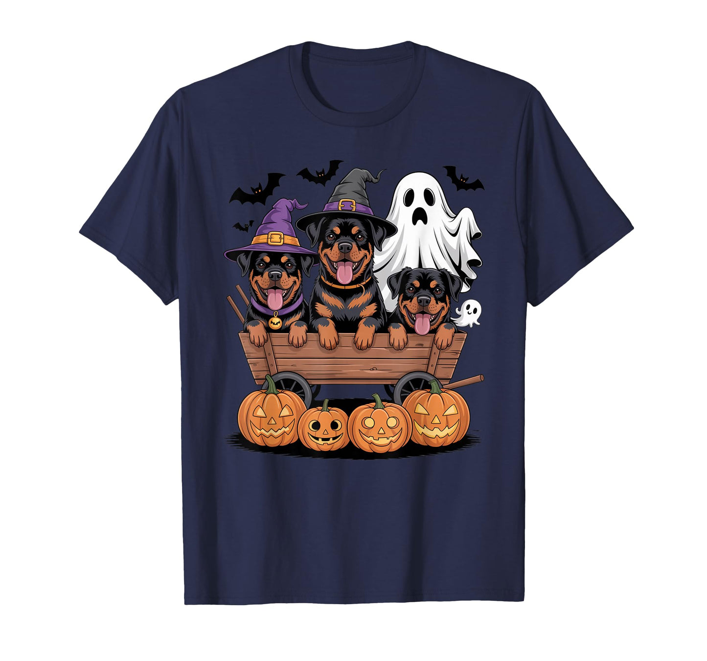Rottweiler Halloween Wagon Witch Hats Ghost Pumpkins Spooky T-Shirt
