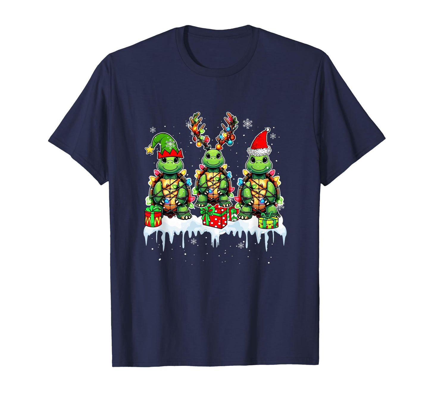 Three Santa Reindeer Elf Turtles Christmas Colorful Lights T-Shirt
