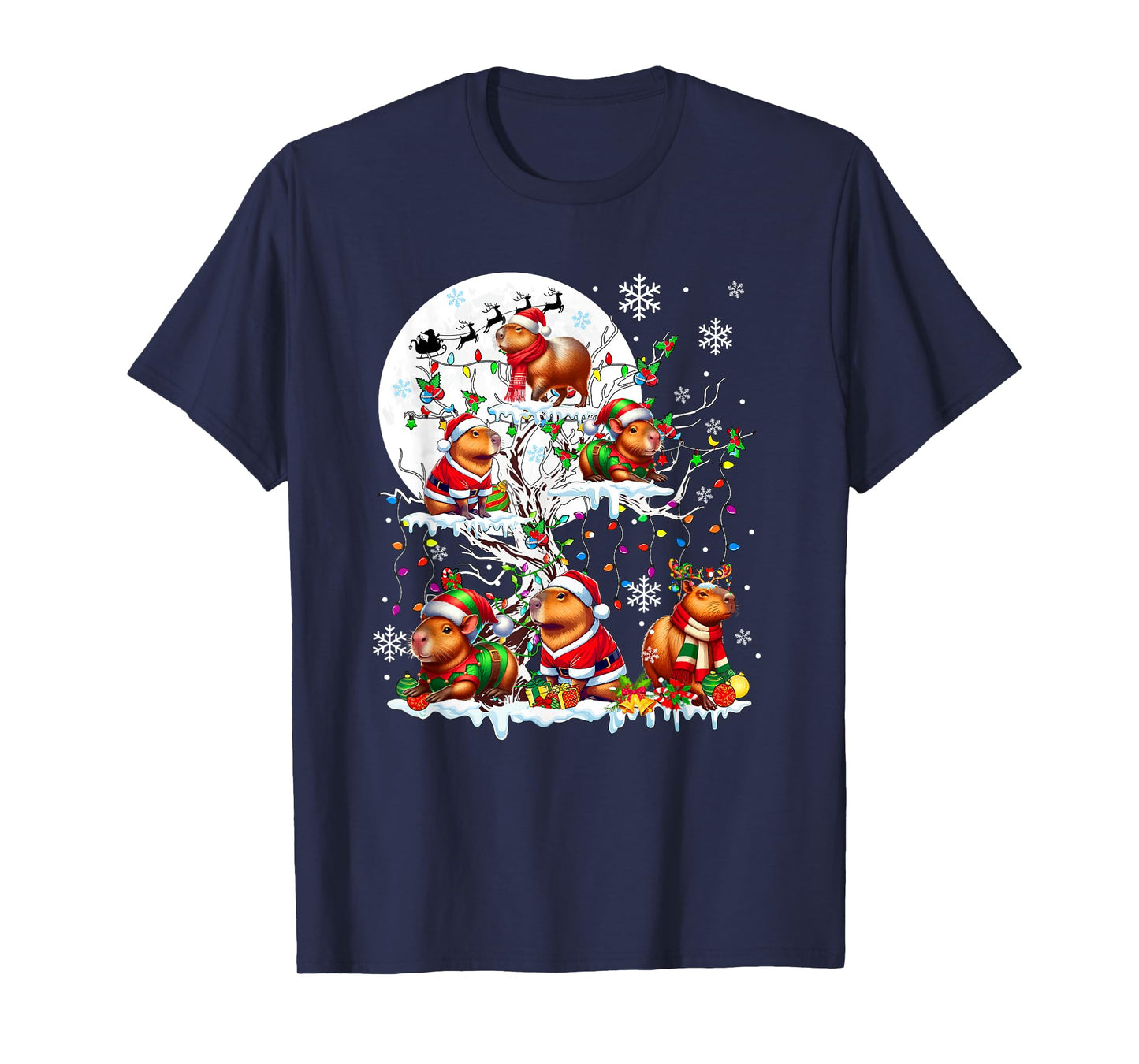 Group Santa Reindeer Elf Capybaras On Tree Christmas Snow T-Shirt