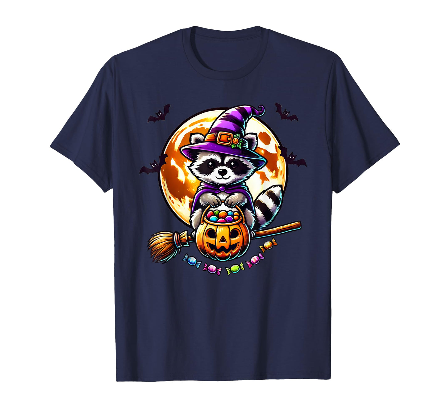 Cute Raccoon Witch Hat Pumpkin Halloween T-Shirt