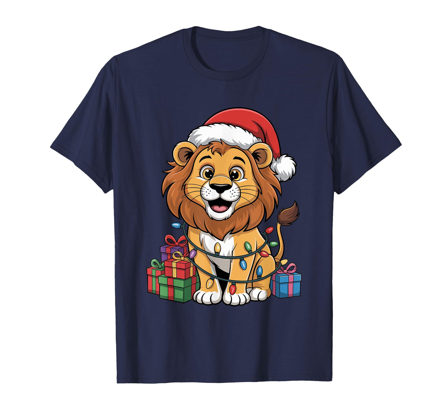 Funny Lion Santa Hat Animals Lovers Ugly Christmas Pajamas T-Shirt