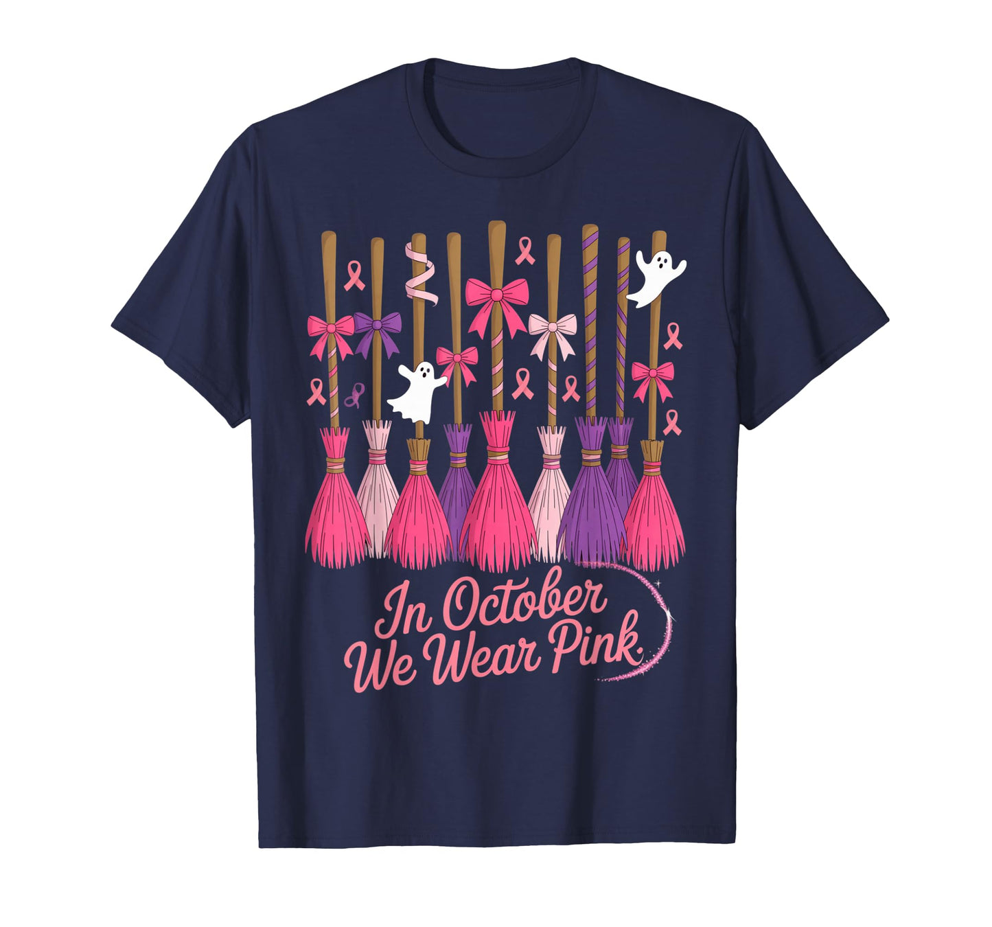 in October We Wear Pink Witches Brooms Spooky Breast Cancer T-Shirt