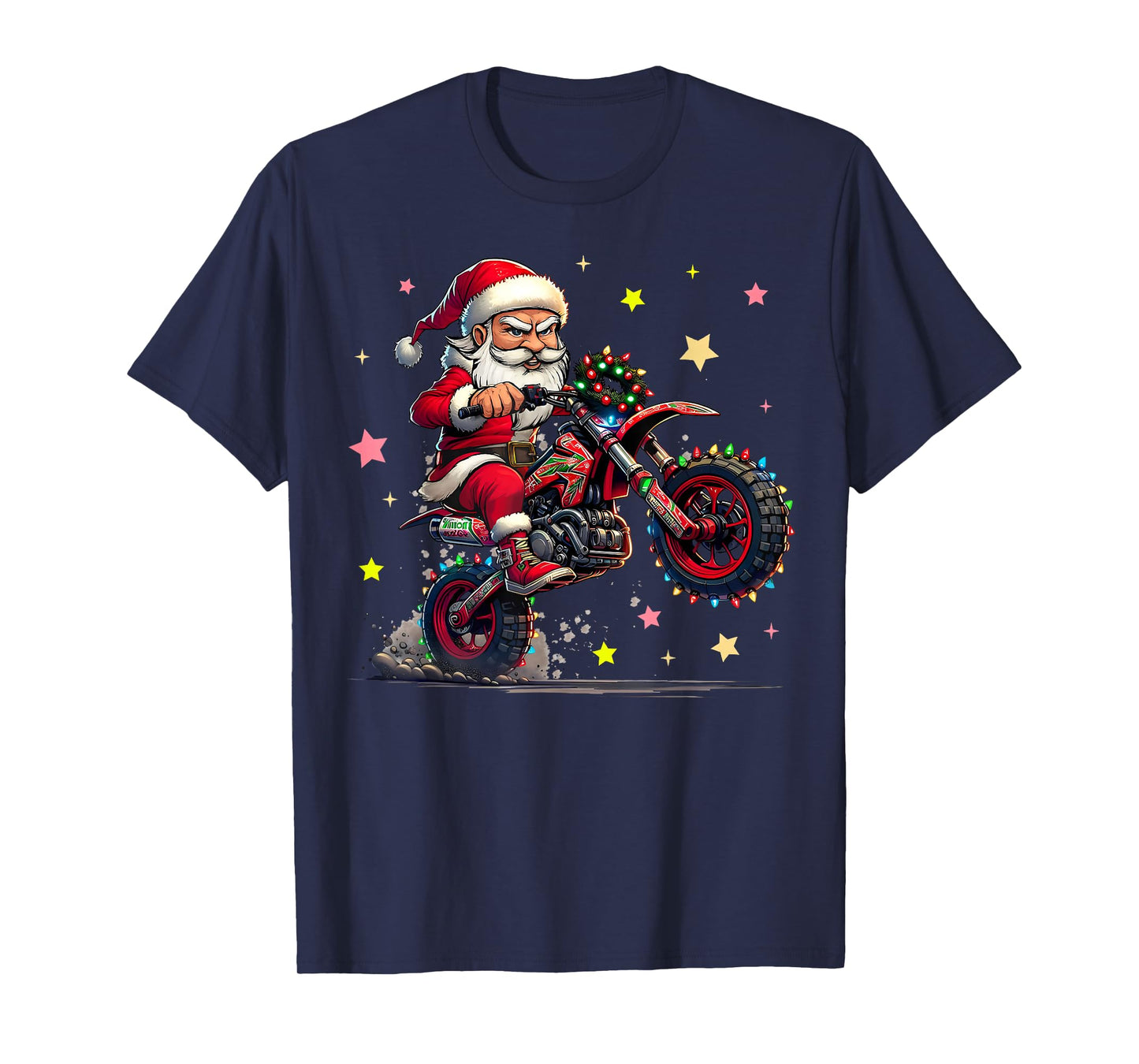 Santa Claus is Riding A Dirt Bike with Christmas Lights Xmas T-Shirt