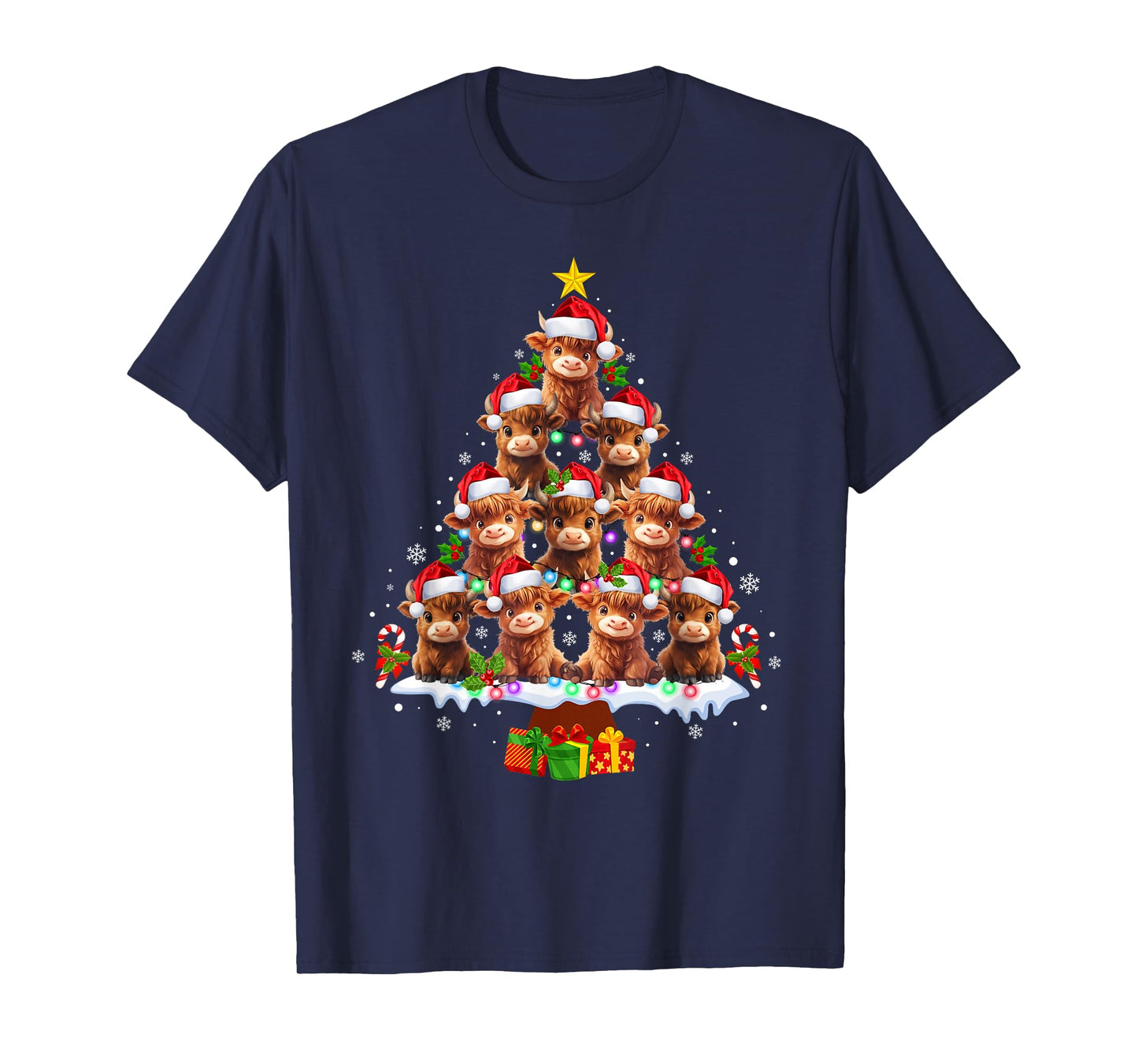 Scottish Highland Cow Christmas Tree Lights Xmas Pajamas T-Shirt