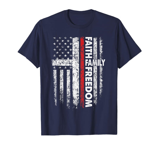 Faith Family Freedom Patriotic Christian Vintage USA Flag T-Shirt
