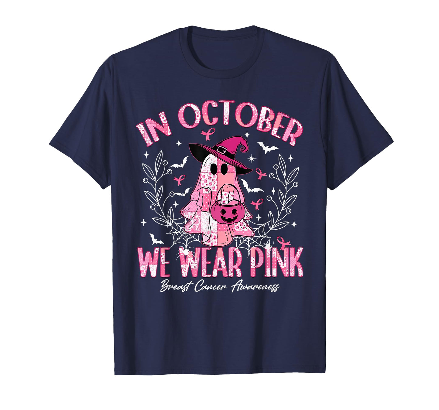 in October We Wear Pink Ghost Witch Breast Cancer Awareness T-Shirt