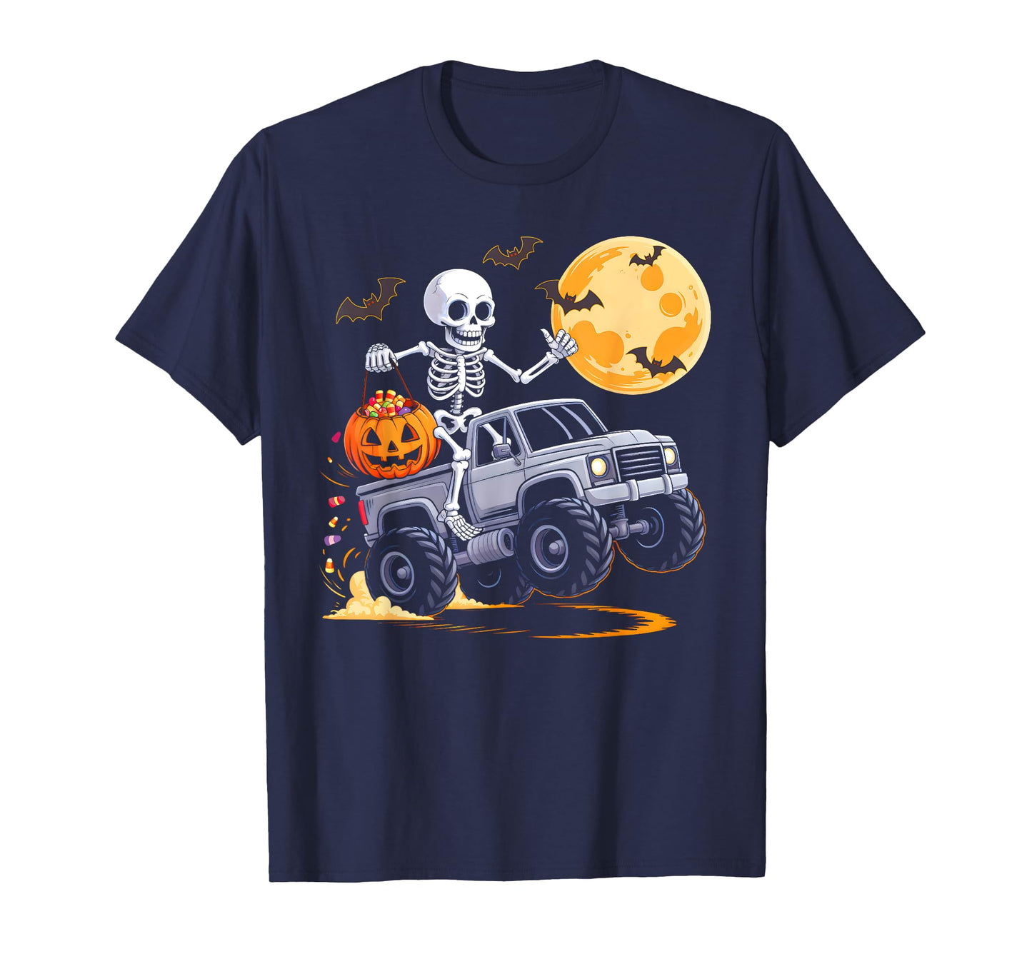 Skeleton Monster Truck Halloween Moon Pumpkin Boys Kids T-Shirt