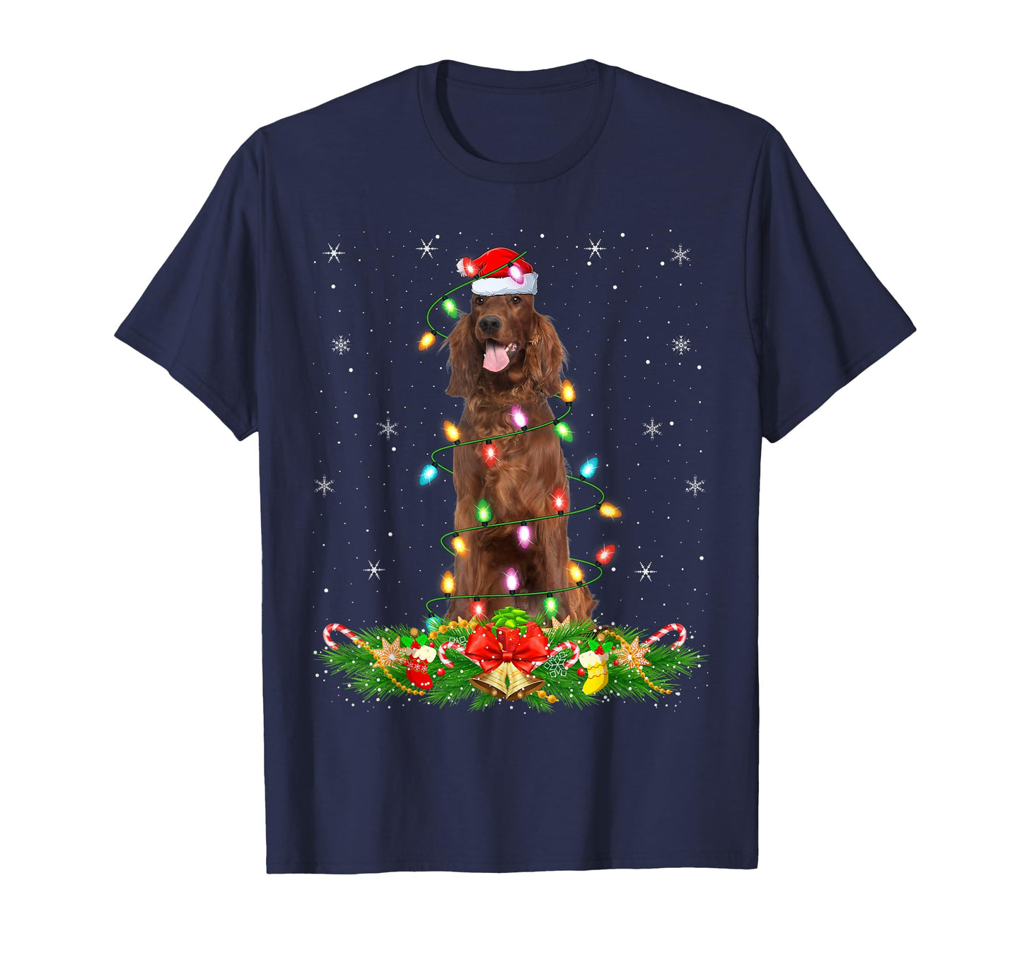 Irish Setter Dog Christmas Lights Funny Santa Hat Xmas T-Shirt