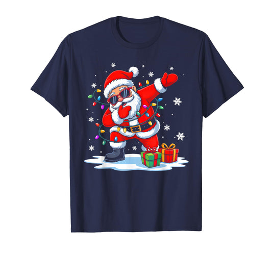Dabbing Santa with Sunglasses Xmas Lights Funny Christmas T-Shirt