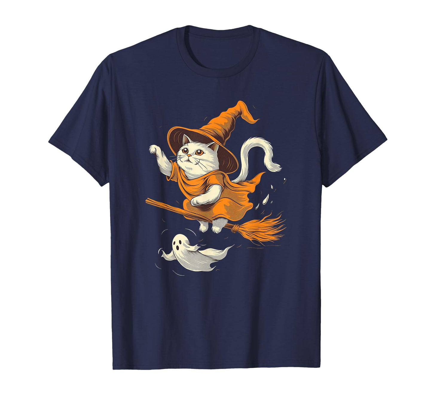 Witchy Cat on a Broomstick with Ghost Halloween T-Shirt