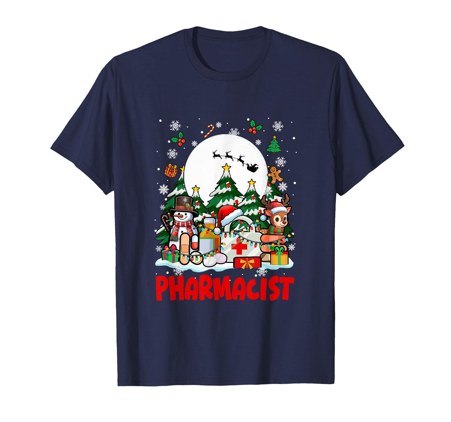 Pharmacist Job Tools Santa Snowmen Reindeer Christmas Trees T-Shirt