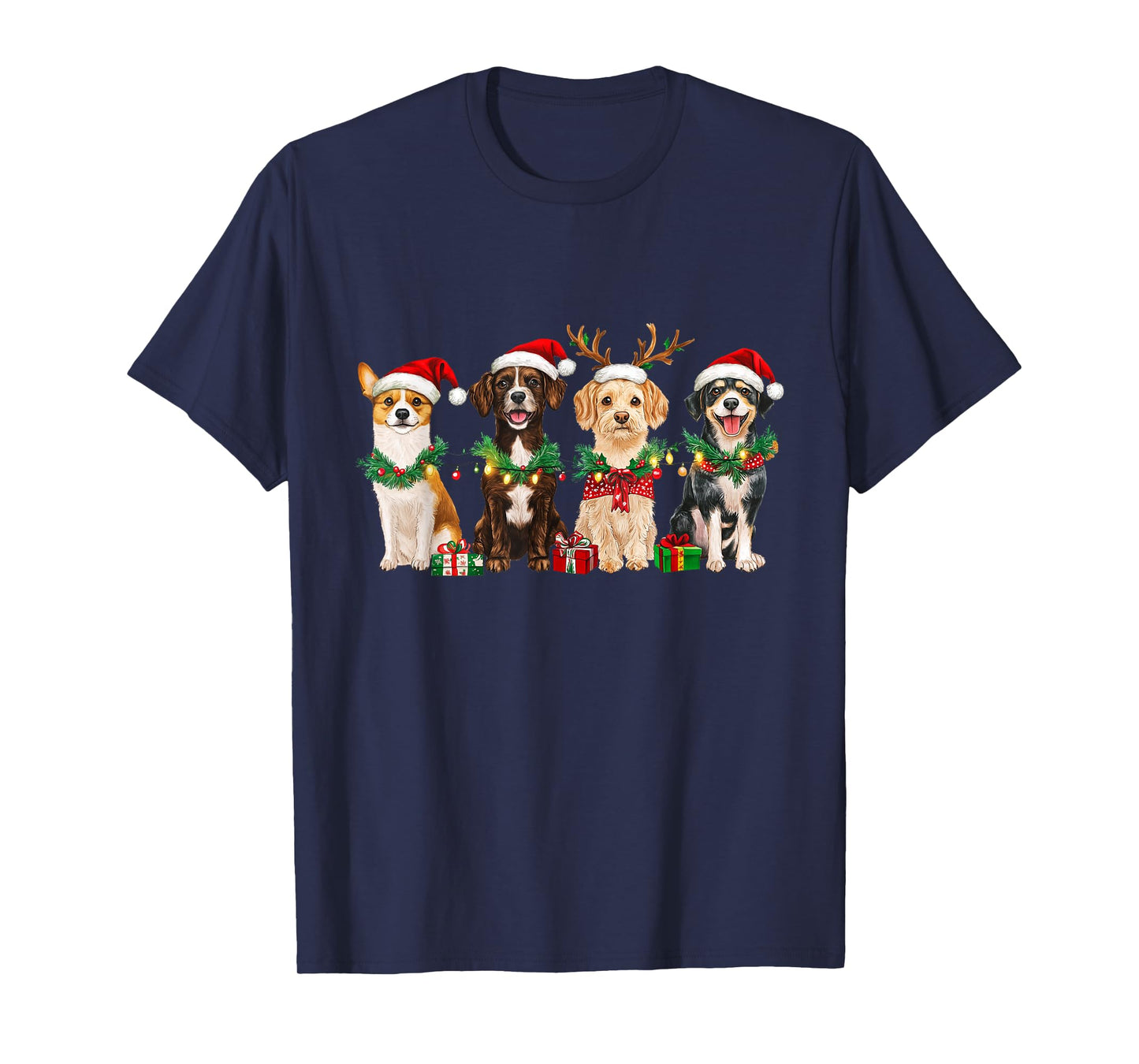 Four Christmas Dogs with Santa Hats and Holiday Lights T-Shirt