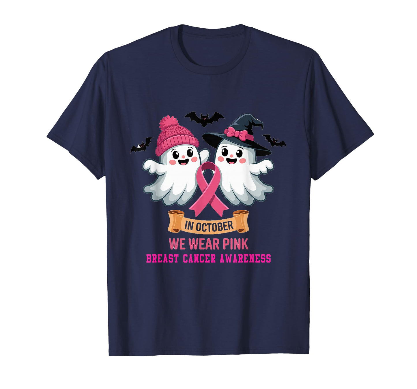 in October We Wear Pink Ghost Witch Breast Cancer Awareness T-Shirt