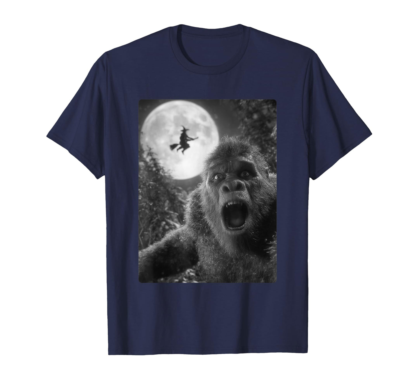 Funny Bigfoot Selfie Full Moon Flying Witch Forest Halloween T-Shirt