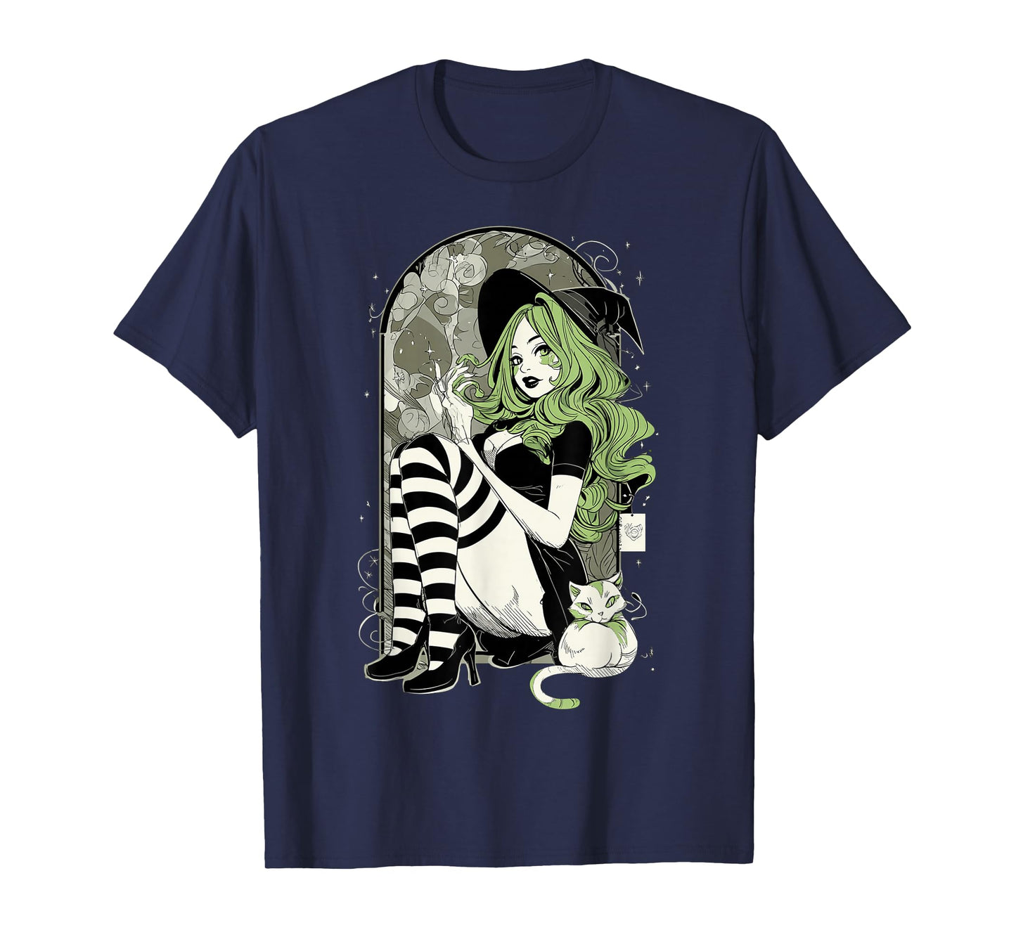 Sexy Witch Green Hair Black White Stockings Halloween Cat T-Shirt
