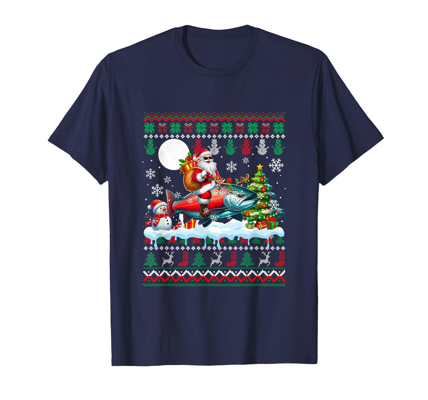 Santa Riding Reindeer Salmon Sweater Xmas Tree Snowman T-Shirt