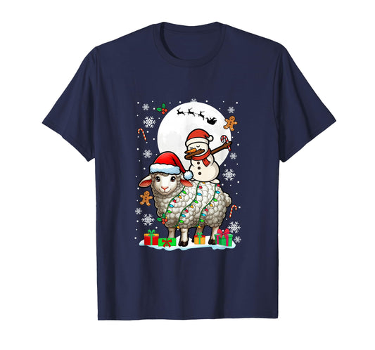 Dabbing Snowman On Sheep Christmas Santa Colorful Lights T-Shirt